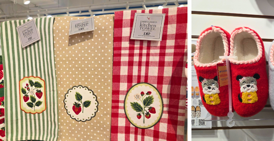 Design Imports tea towels and Snoozies embroidered slippers.